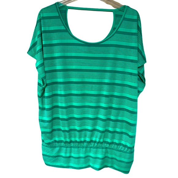 Lane Bryant Tops - Lane Bryant Green Stripe Sheer Scoop Neck Ruched Sides Pullover Top Sz 14/16